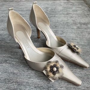 Givenchy satin heels with fur and Pearl detail
